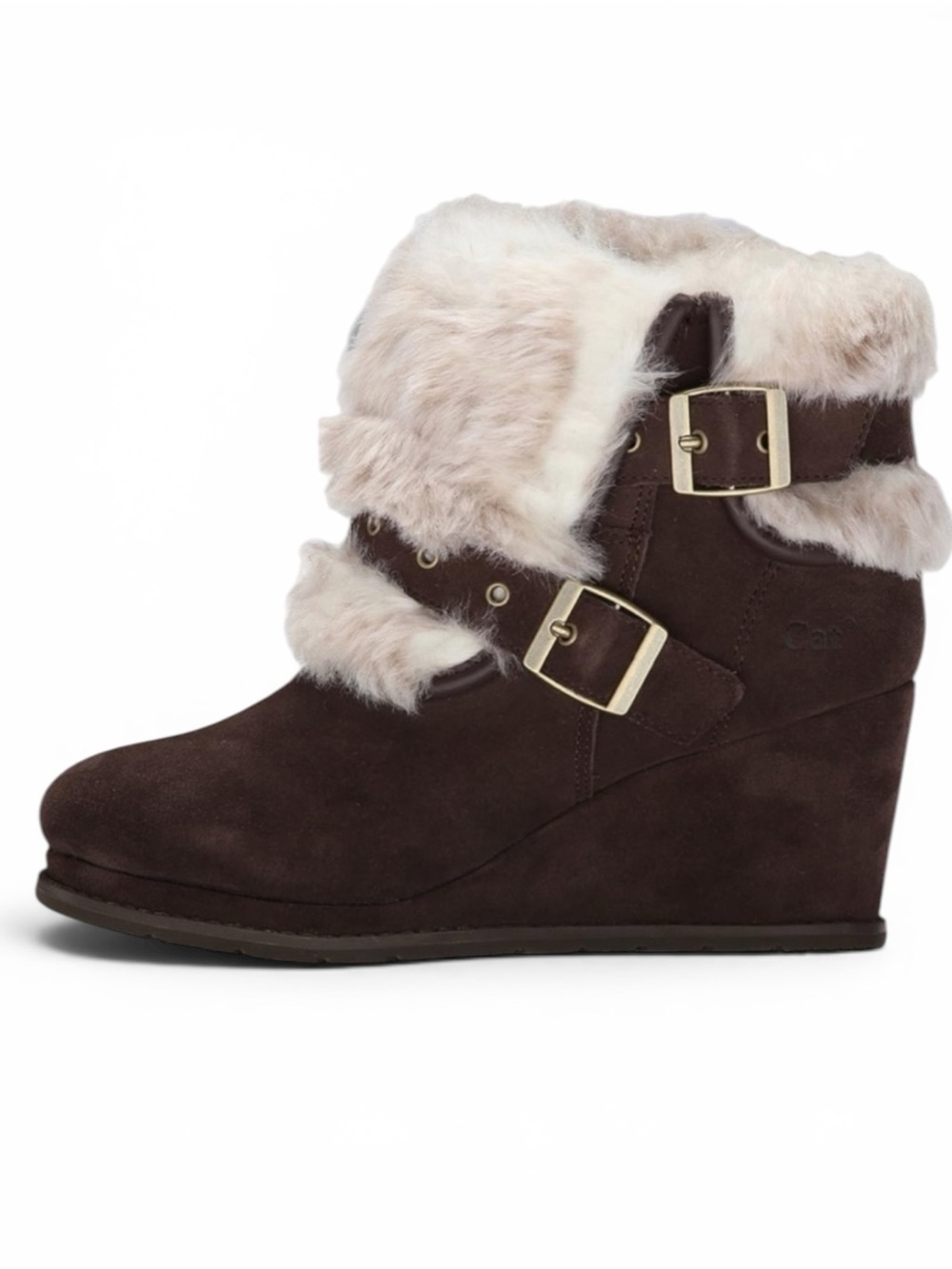 CATERPILLAR CAT BOISTEROUS FAUX FUR CAFE BROWN SUEDE WEDGE WINTER BOOTIES BOOTS